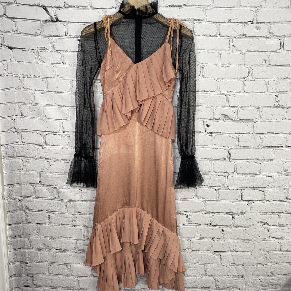 June Eleven Pink Satin Ruffle Midi Dress Size‎ 0 Back Zip Black Lace Designer